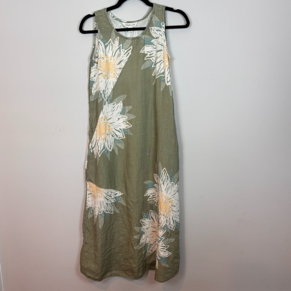 Coldwater Creek 100% Linen Green Floral Overall Jumper Shift Dress Womens 4P 90s